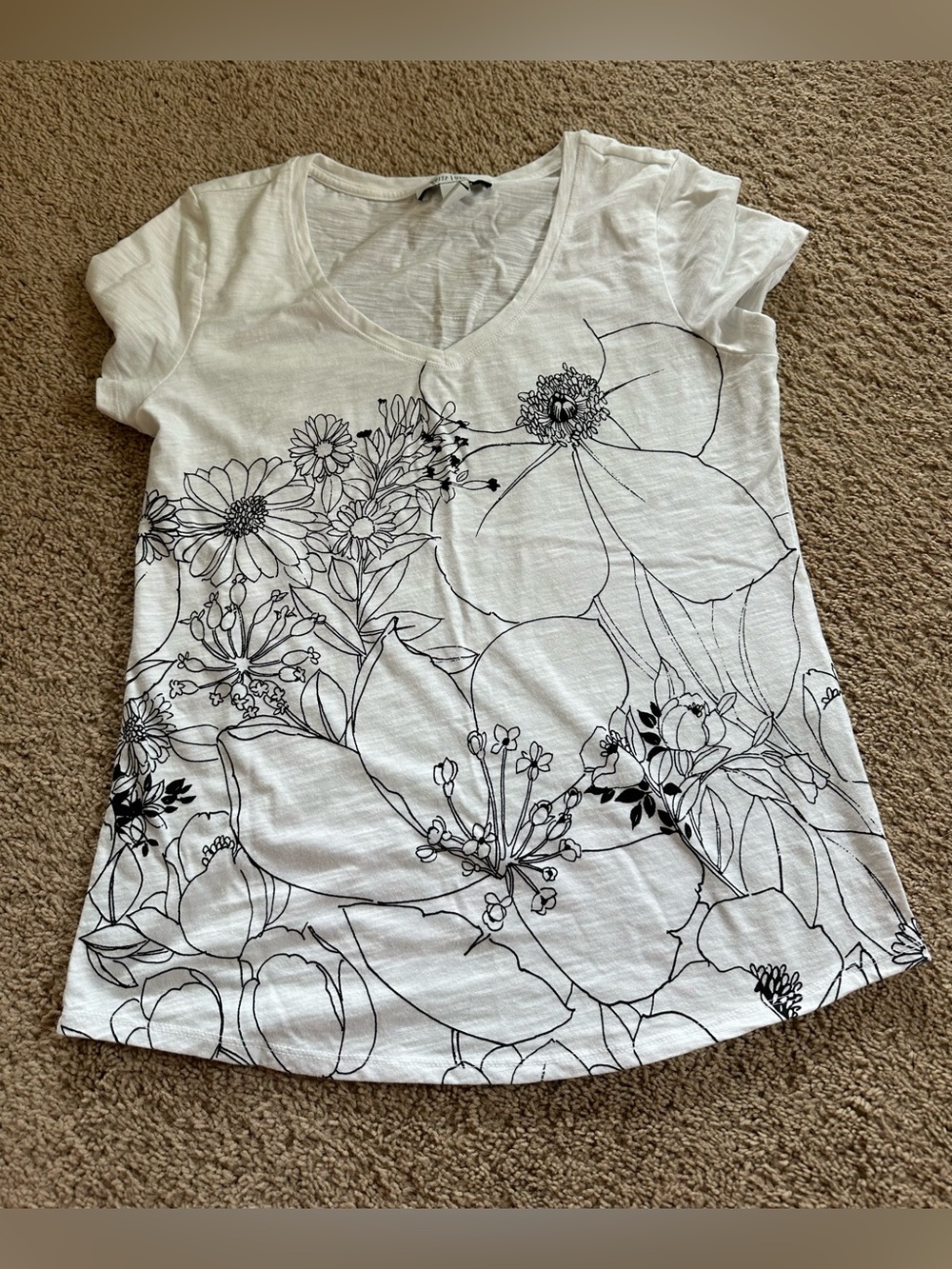 White House Black Market White V-Neck Floral Outline Tee.